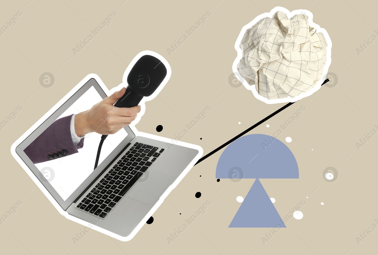 Image of Journalist's hand with microphone sticking out of laptop and paper ball on beige background. Creative collage