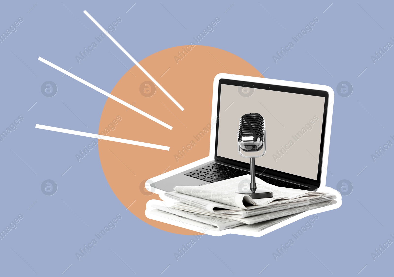 Image of Creative collage with microphone, newspapers and laptop on color background. Journalism concept