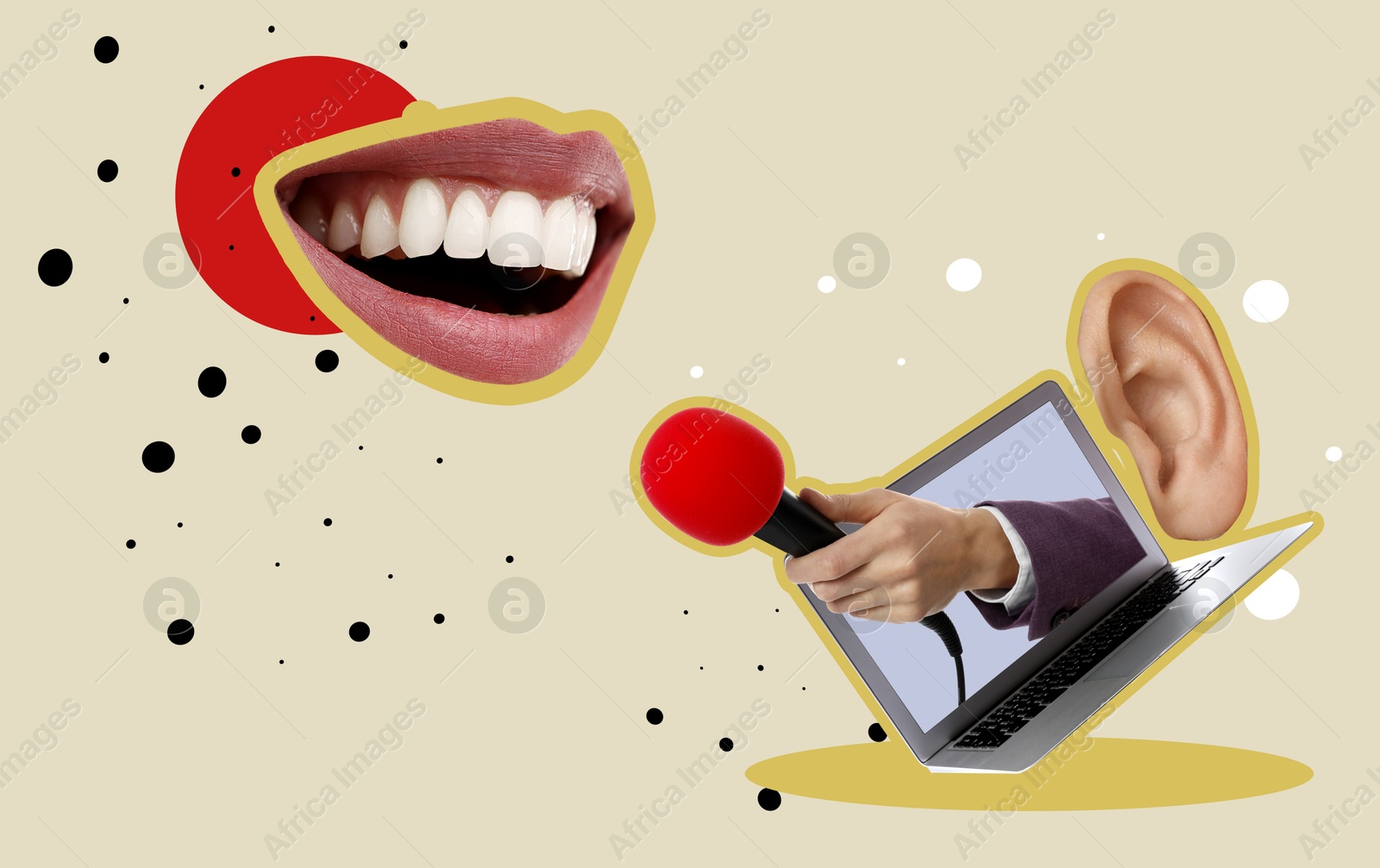 Image of Creative collage with journalist's hand holding microphone sticking out of laptop on color background