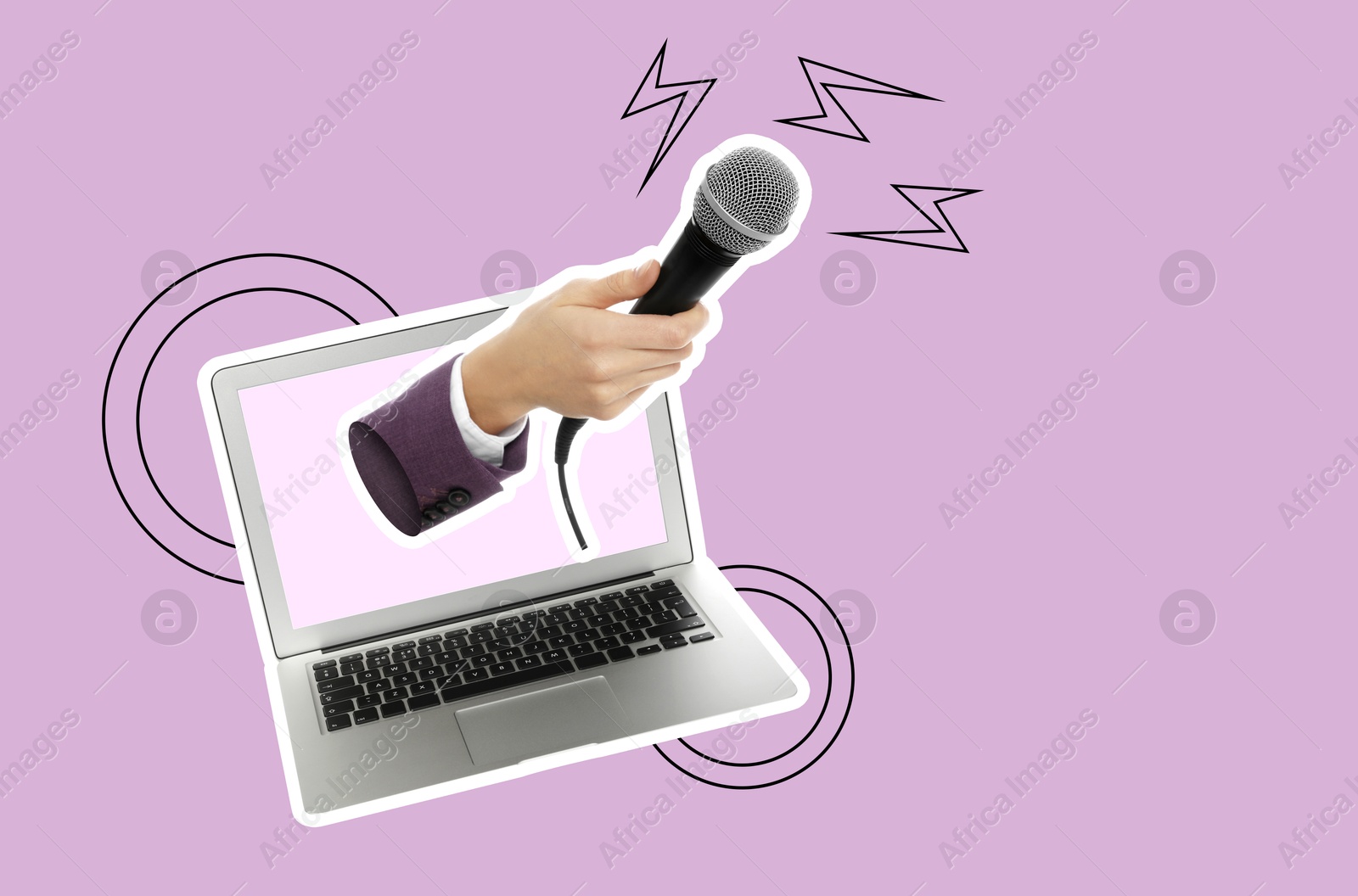 Image of Journalist's hand with microphone sticking out of laptop on color background. Creative collage