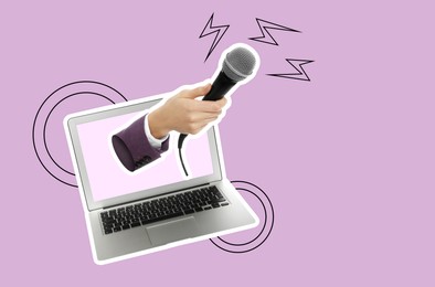 Image of Journalist's hand with microphone sticking out of laptop on color background. Creative collage