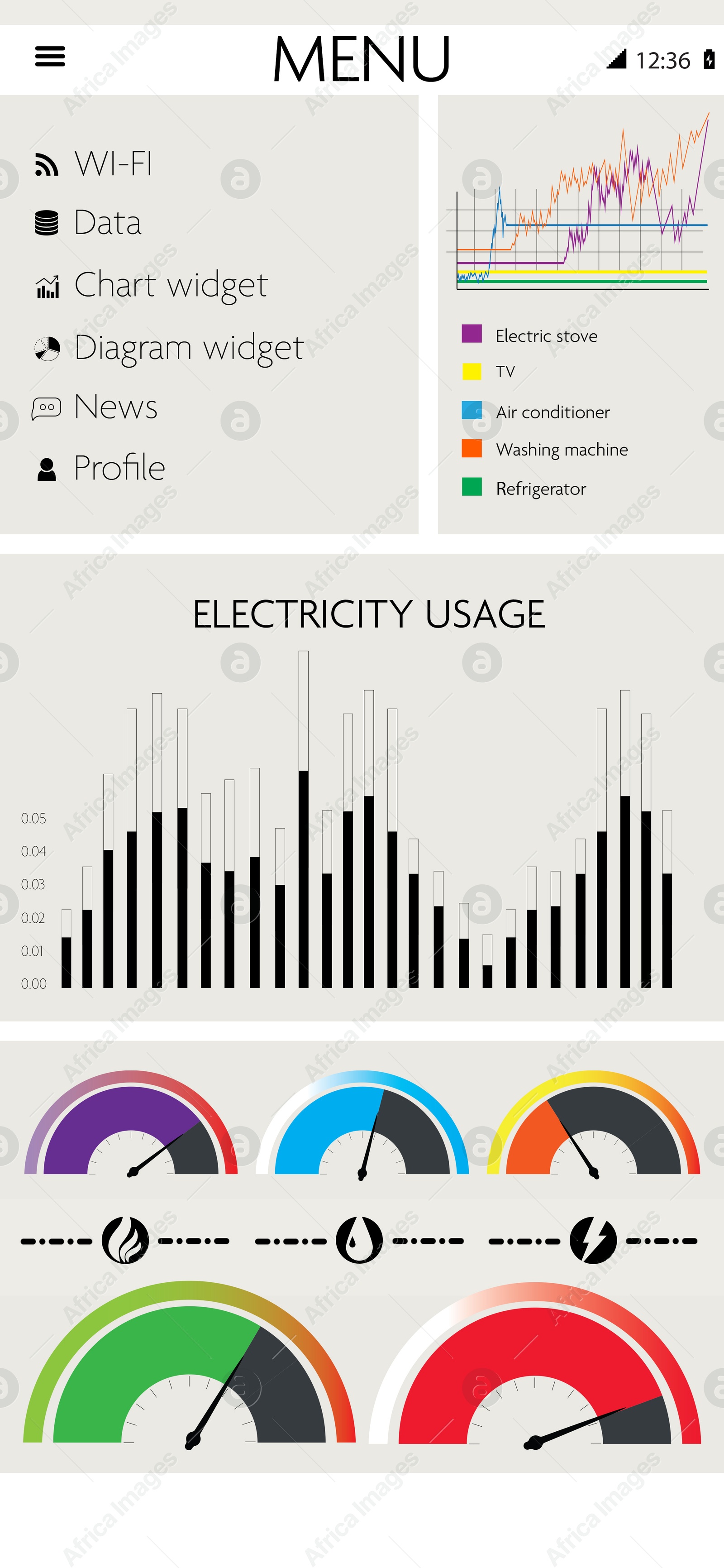 Image of Smart meter interface showing electricity, gas and water usage and graphs