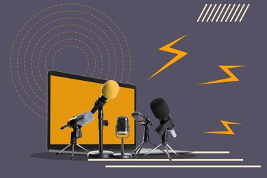 Image of Creative collage with microphones and laptop on color background. Journalism concept