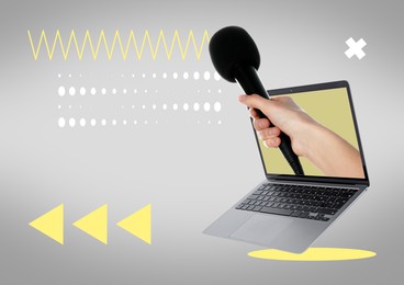 Image of Journalist's hand with microphone sticking out of laptop on grey background. Creative collage