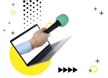 Image of Journalist's hand with microphone sticking out of laptop on color background. Creative collage