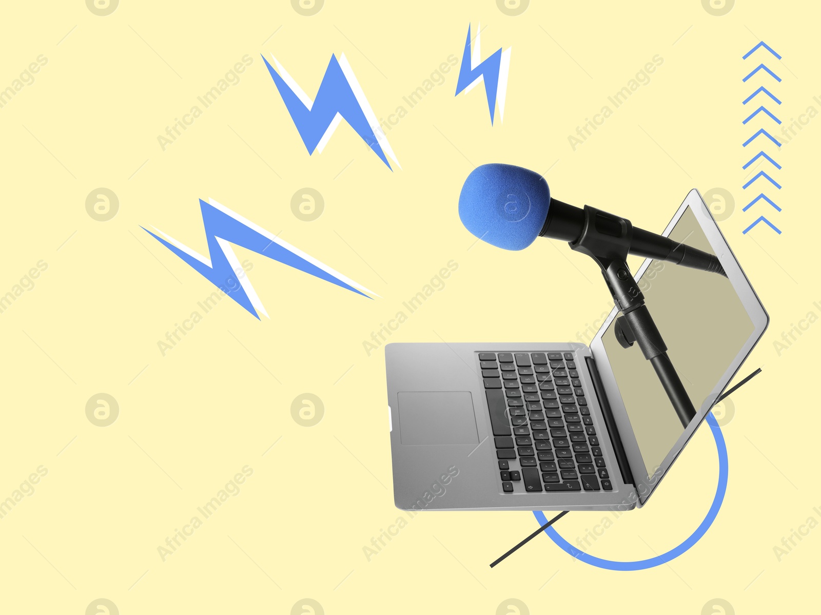 Image of Creative collage with microphone sticking out of laptop on color background. Journalism concept