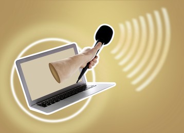 Journalist's hand with microphone sticking out of laptop on color background. Creative collage