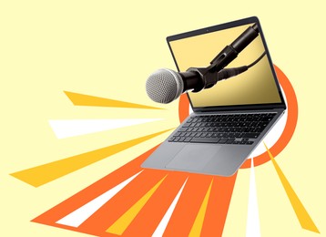 Image of Creative collage with microphone sticking out of laptop on color background. Journalism concept