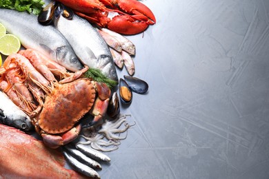 Photo of Many different sea food on grey textured table, flat lay. Space for text