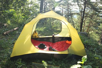 Photo of Modern camping tent in forest at summer