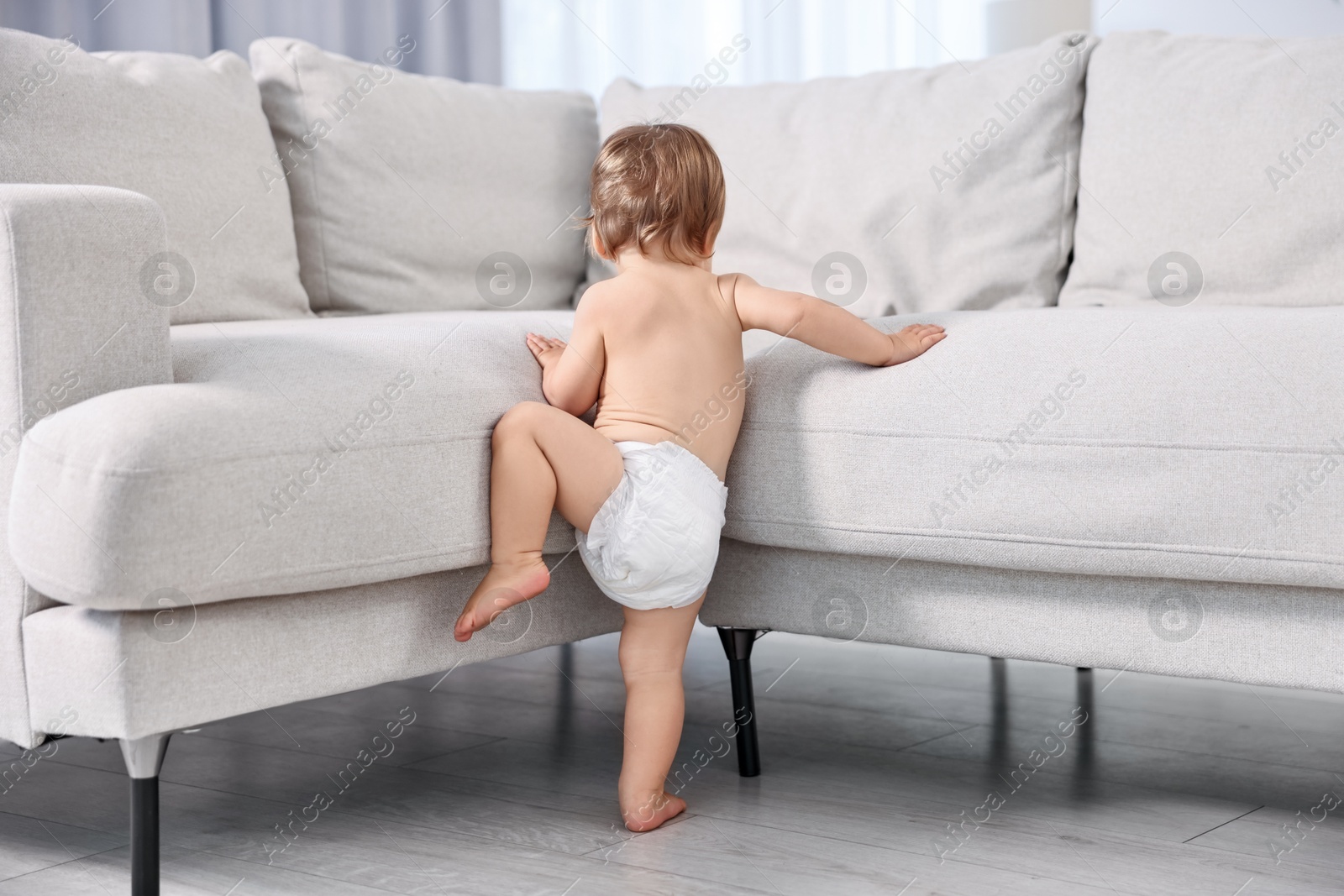 Photo of Little child in diaper climbing on sofa at home, back view