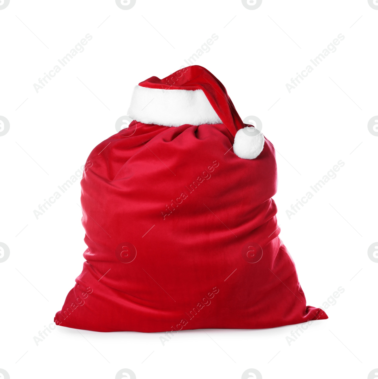 Photo of Red Santa Claus bag and hat isolated on white