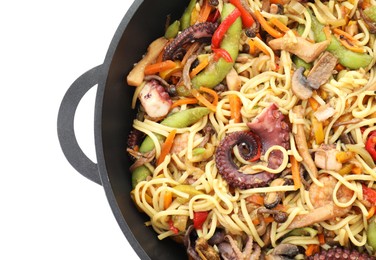 Stir-fry noodles with sea food and vegetables in wok isolated on white, top view