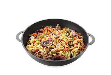 Photo of Stir-fry noodles with sea food and vegetables in wok isolated on white