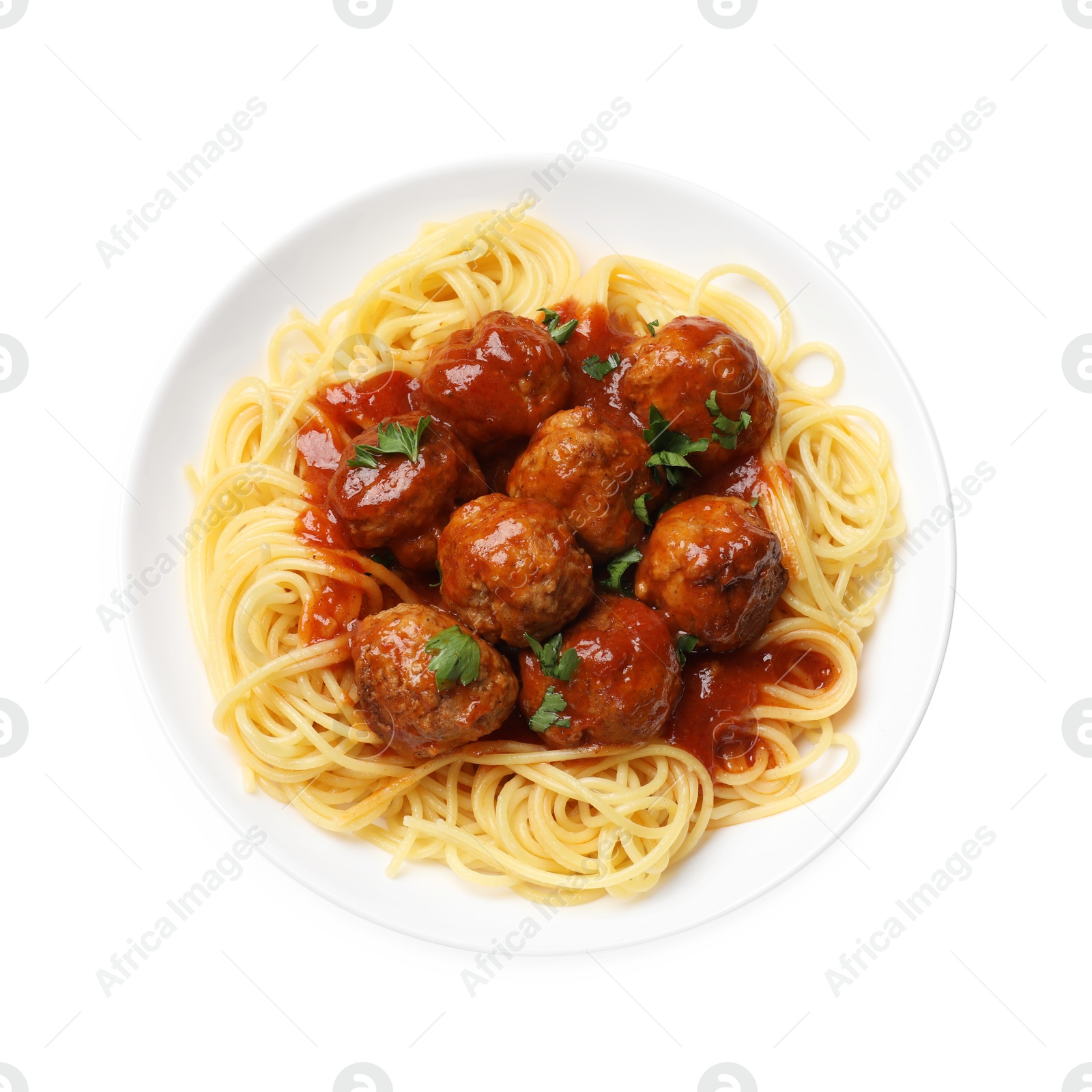 Photo of Delicious pasta with meatballs isolated on white, top view