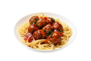 Delicious pasta with meatballs isolated on white