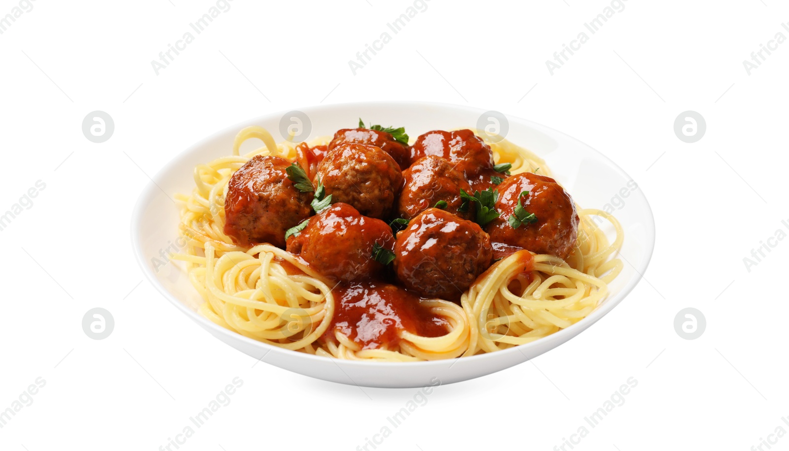 Photo of Delicious pasta with meatballs isolated on white