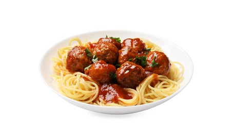 Delicious pasta with meatballs isolated on white