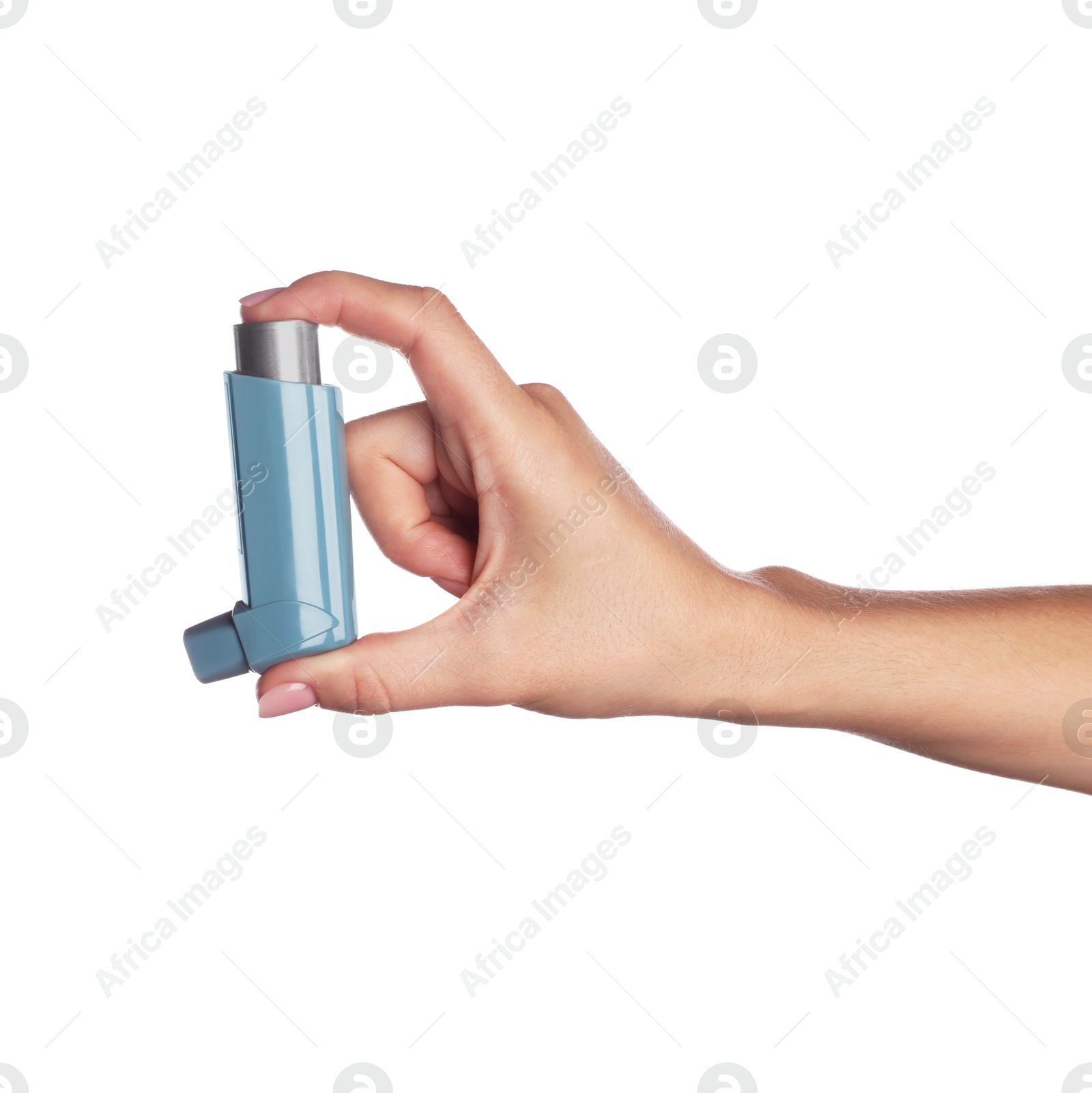 Photo of Woman holding asthma inhaler on white background, closeup