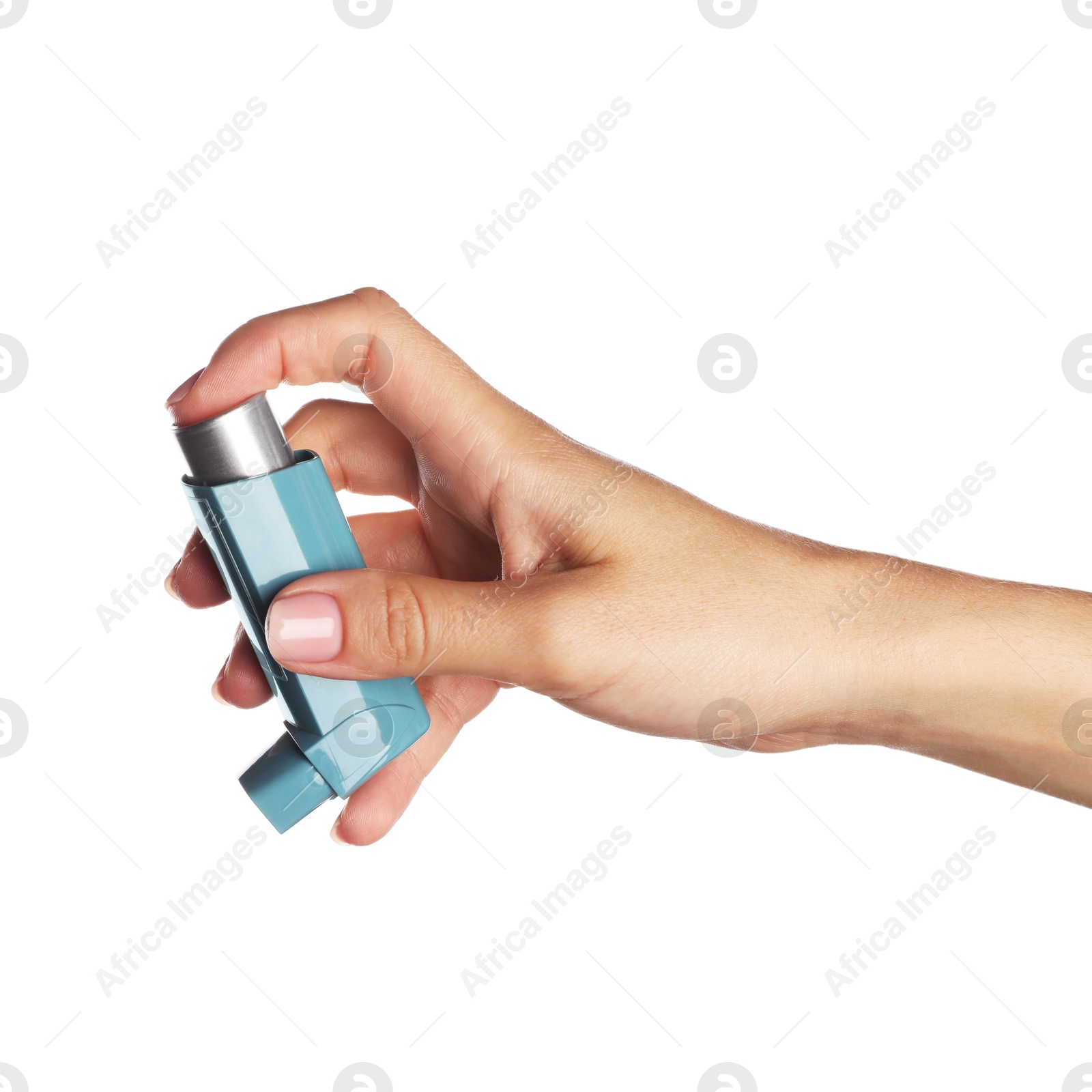 Photo of Woman holding asthma inhaler on white background, closeup