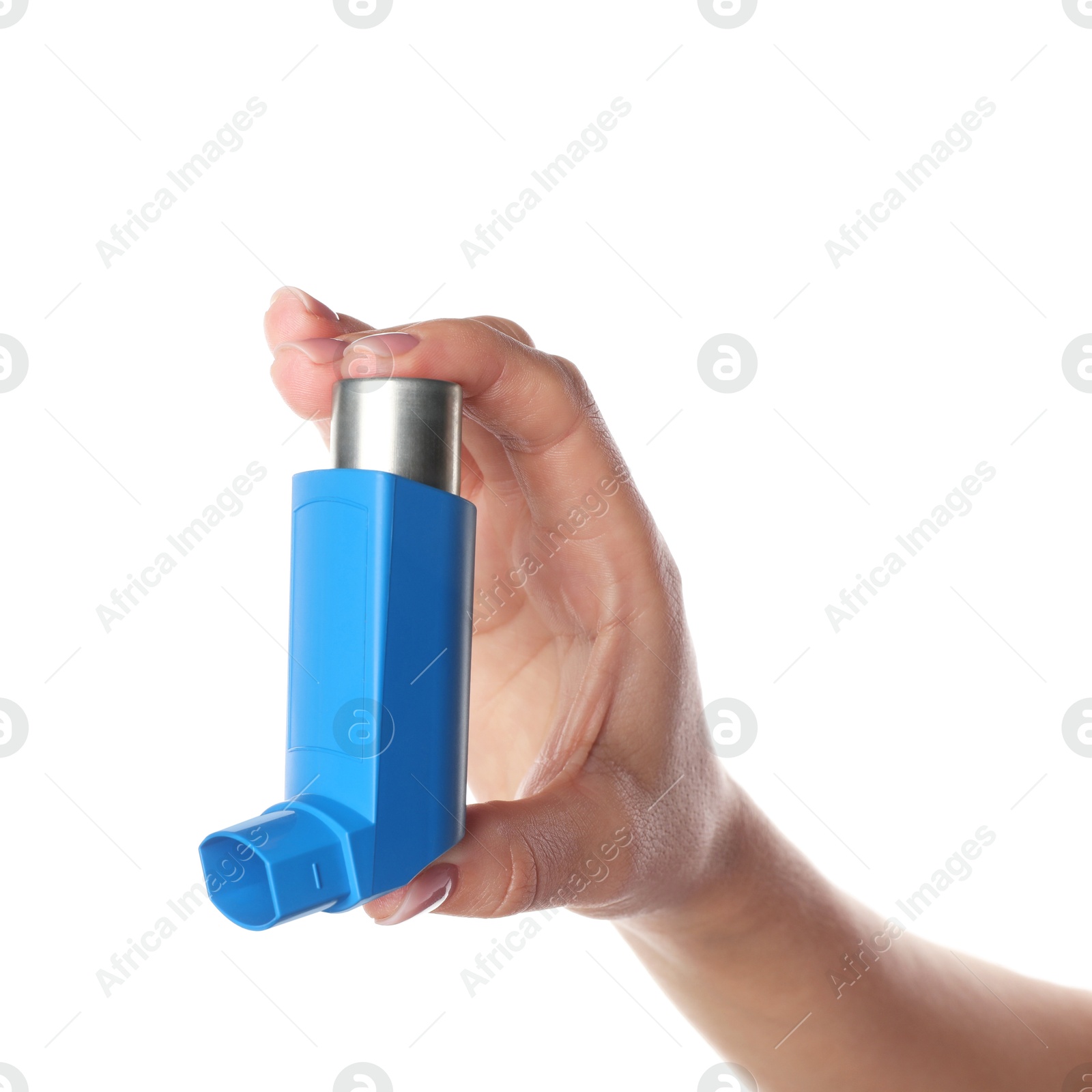 Photo of Woman holding asthma inhaler on white background, closeup