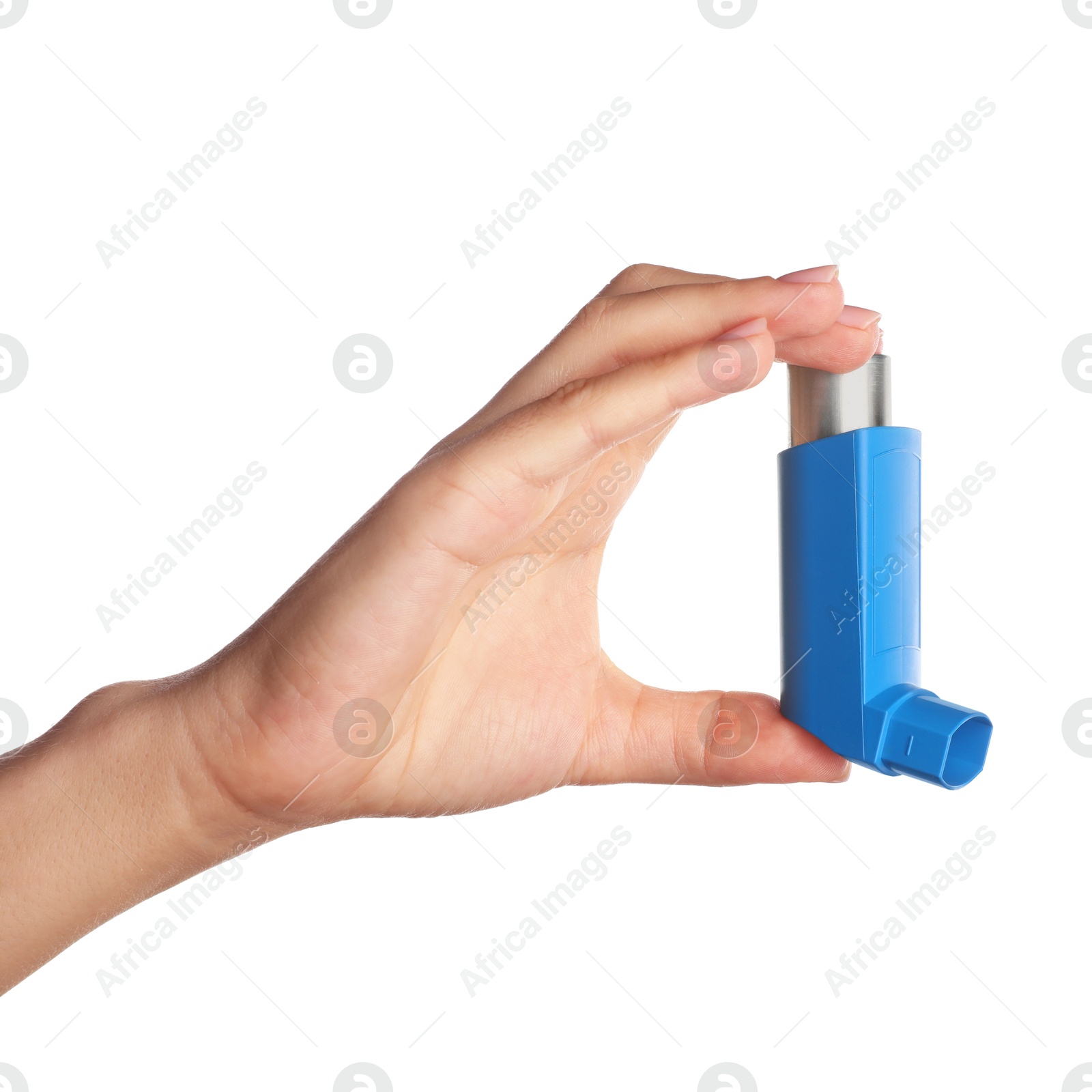 Photo of Woman holding asthma inhaler on white background, closeup