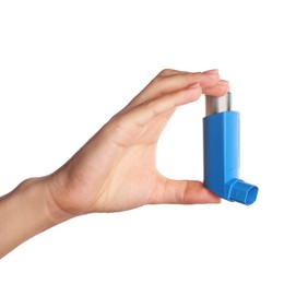 Photo of Woman holding asthma inhaler on white background, closeup