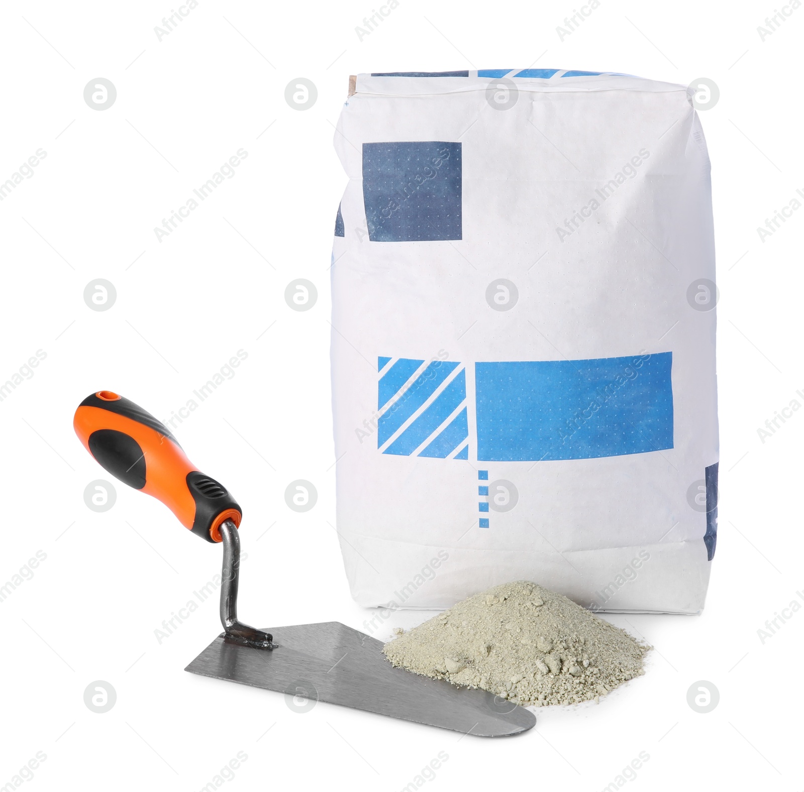 Photo of Cement powder in bag and trowel isolated on white. Building material