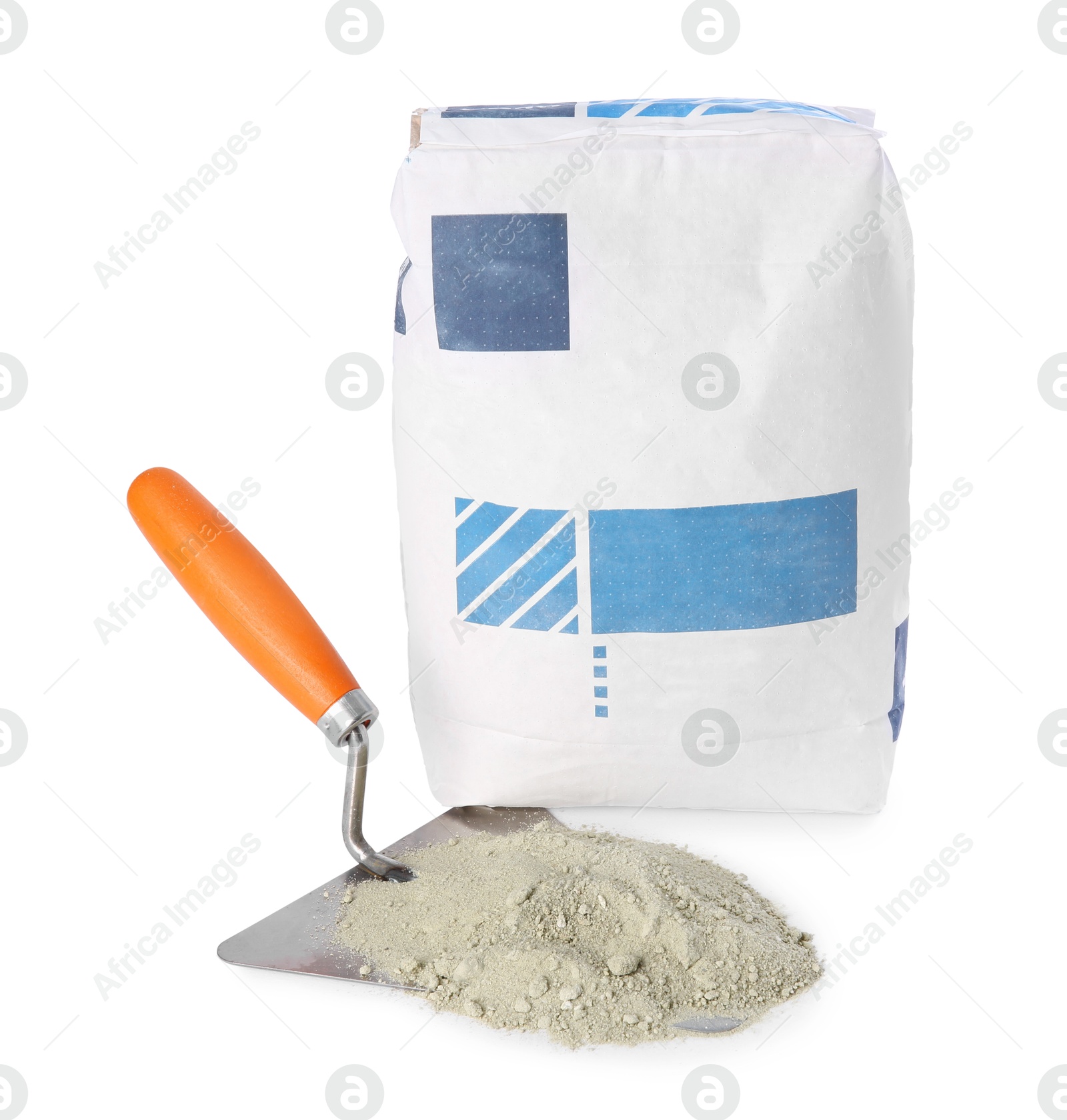 Photo of Cement powder in bag and trowel isolated on white. Building material