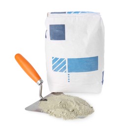 Cement powder in bag and trowel isolated on white. Building material