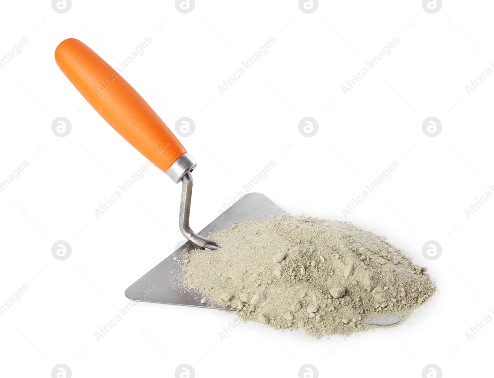 Photo of Trowel and cement powder isolated on white. Building material