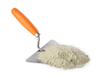 Photo of Trowel and cement powder isolated on white. Building material