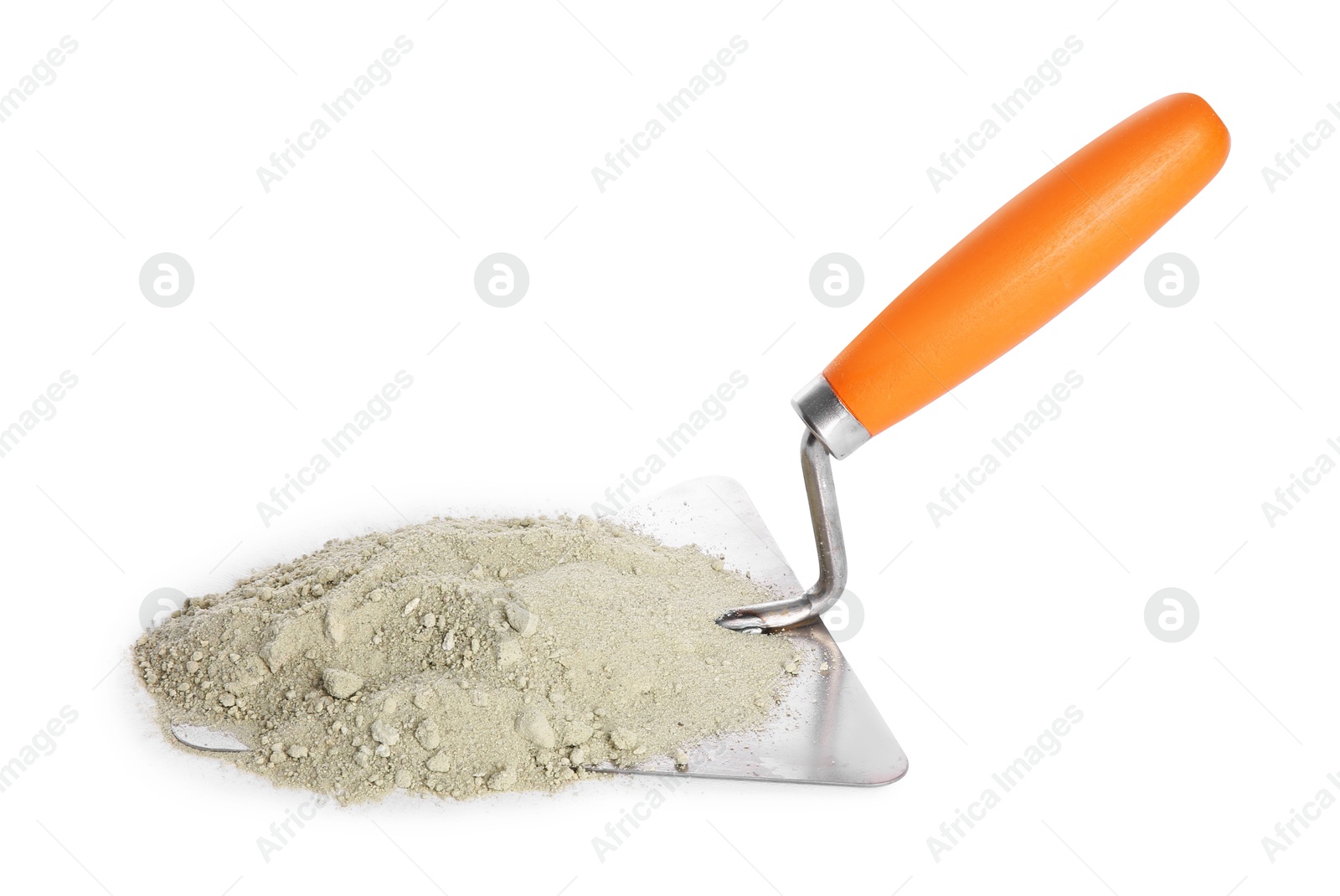 Photo of Trowel and cement powder isolated on white. Building material