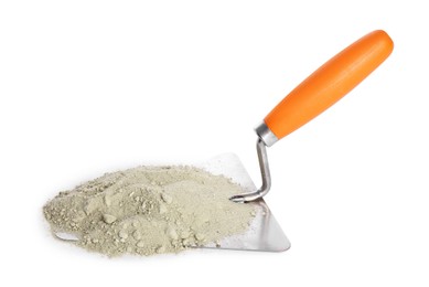 Trowel and cement powder isolated on white. Building material