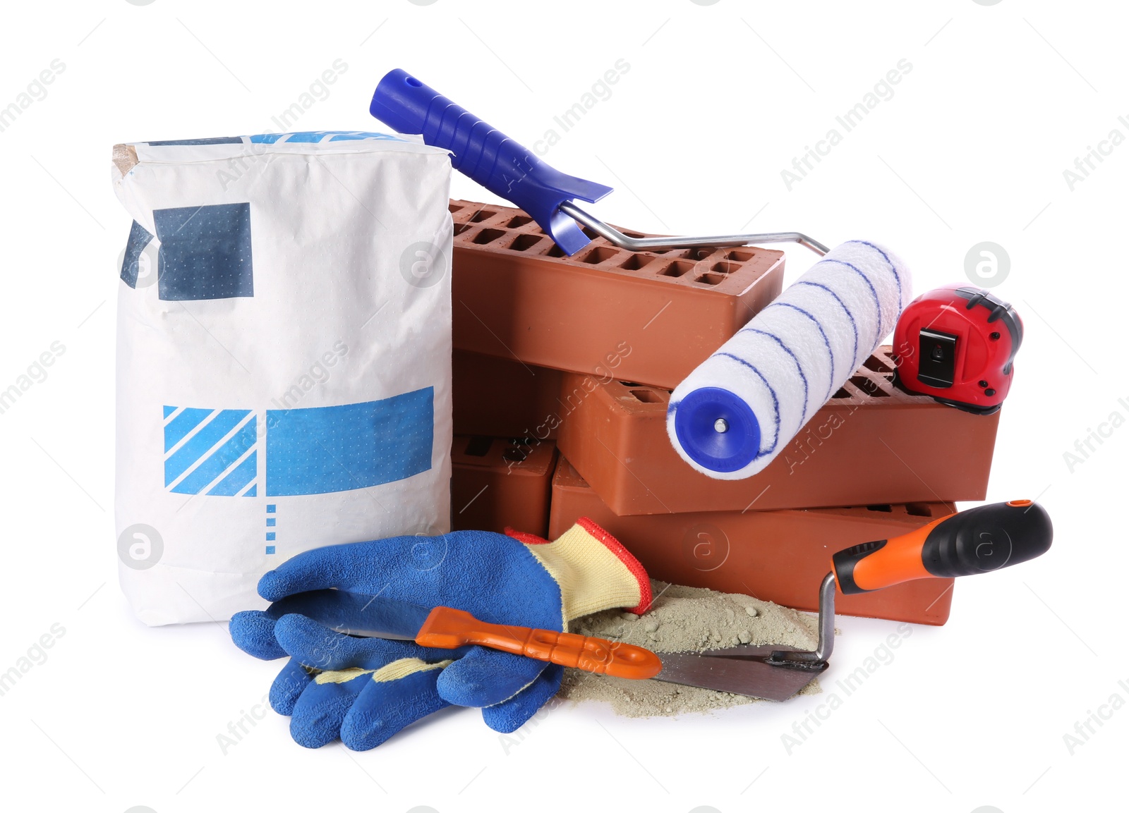 Photo of Different building materials and construction tools isolated on white