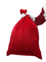 Photo of Santa Claus with red bag of Christmas gifts on white background, closeup