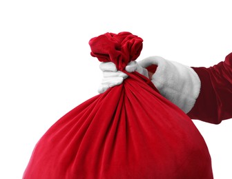 Photo of Santa Claus with red bag of Christmas gifts on white background, closeup