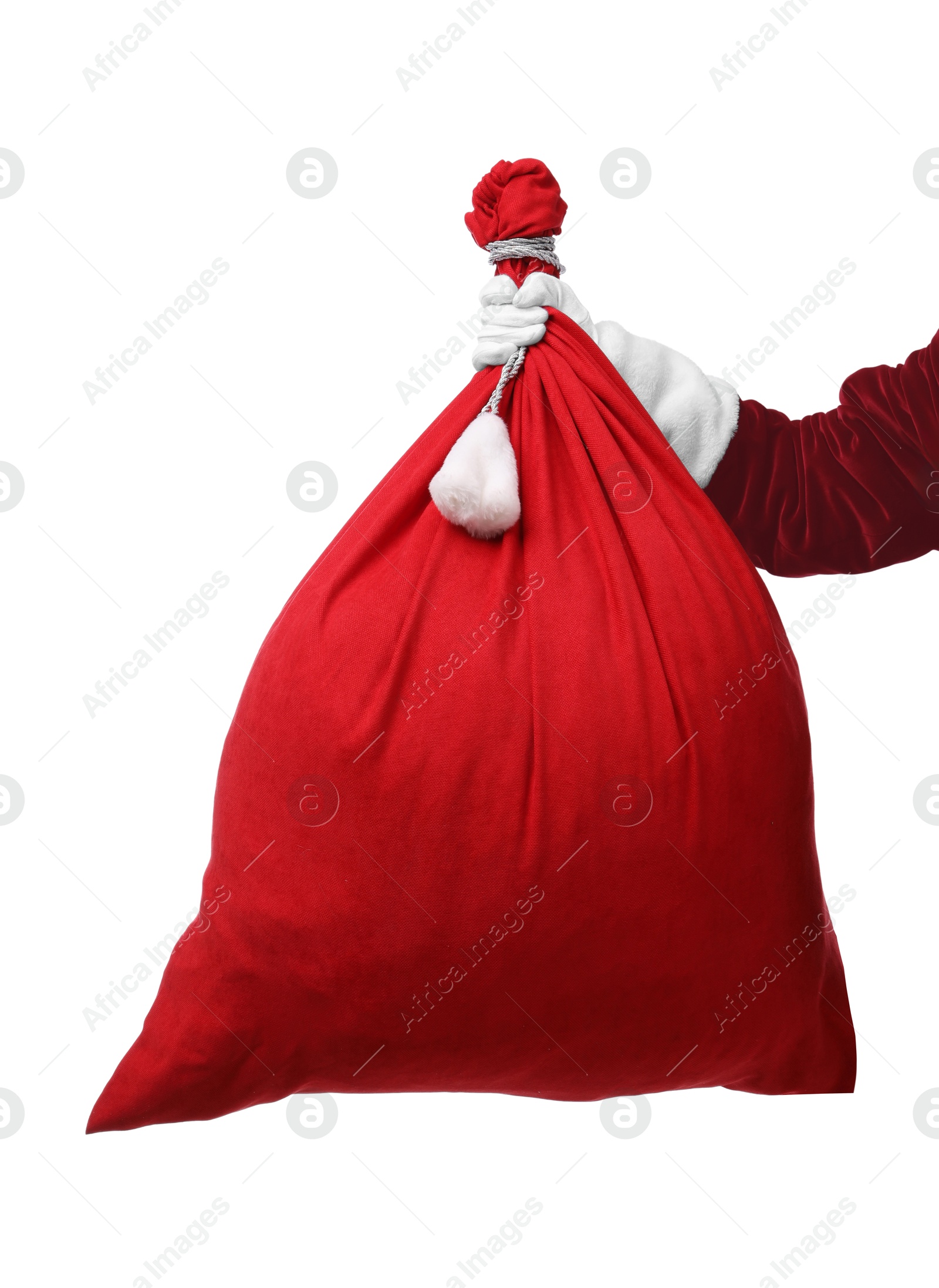 Photo of Santa Claus with red bag of Christmas gifts on white background, closeup