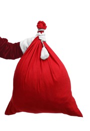 Photo of Santa Claus with red bag of Christmas gifts on white background, closeup