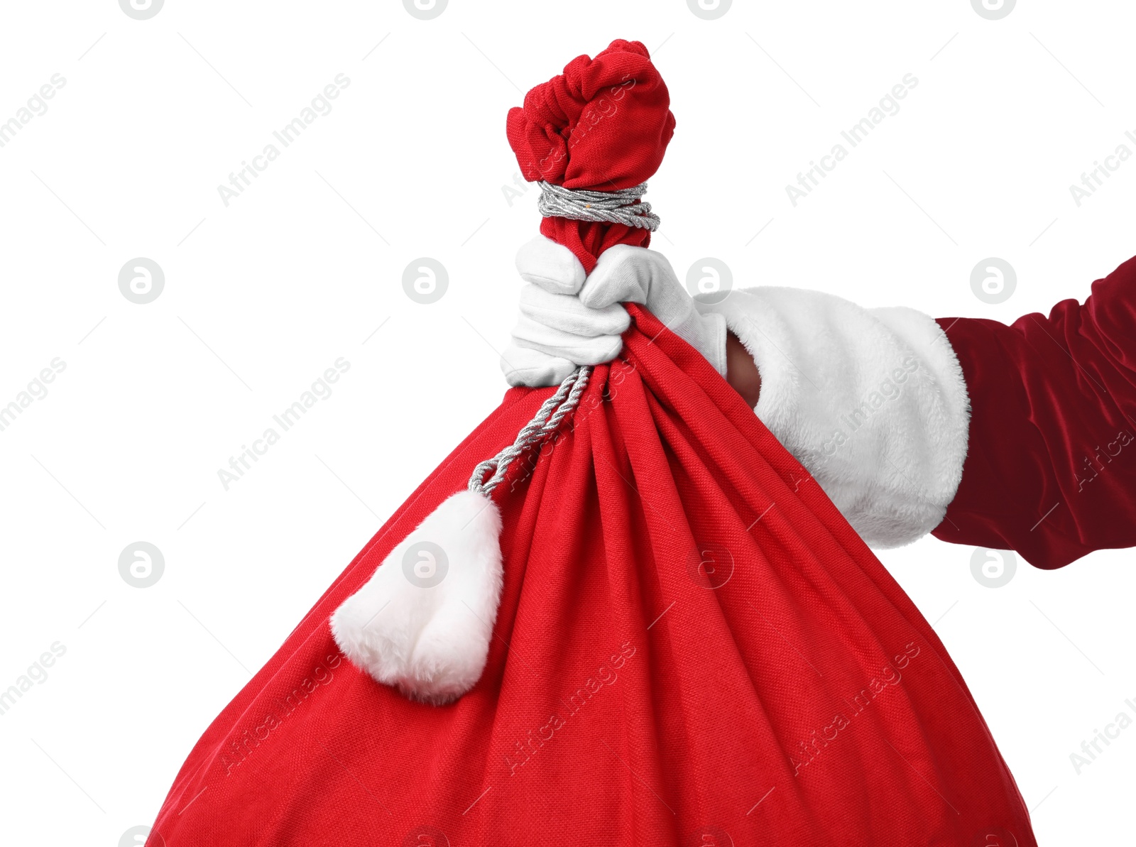 Photo of Santa Claus with red bag of Christmas gifts on white background, closeup