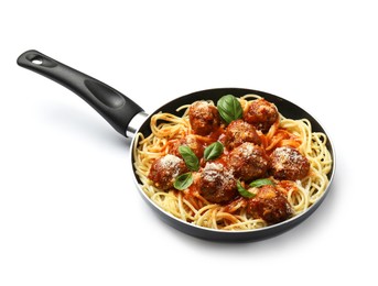 Delicious pasta with meatballs in frying pan isolated on white