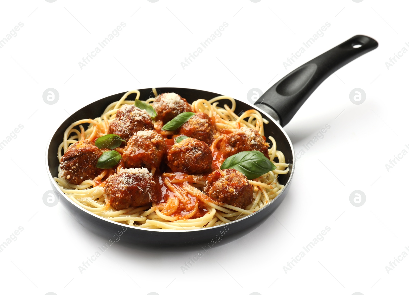 Photo of Delicious pasta with meatballs in frying pan isolated on white