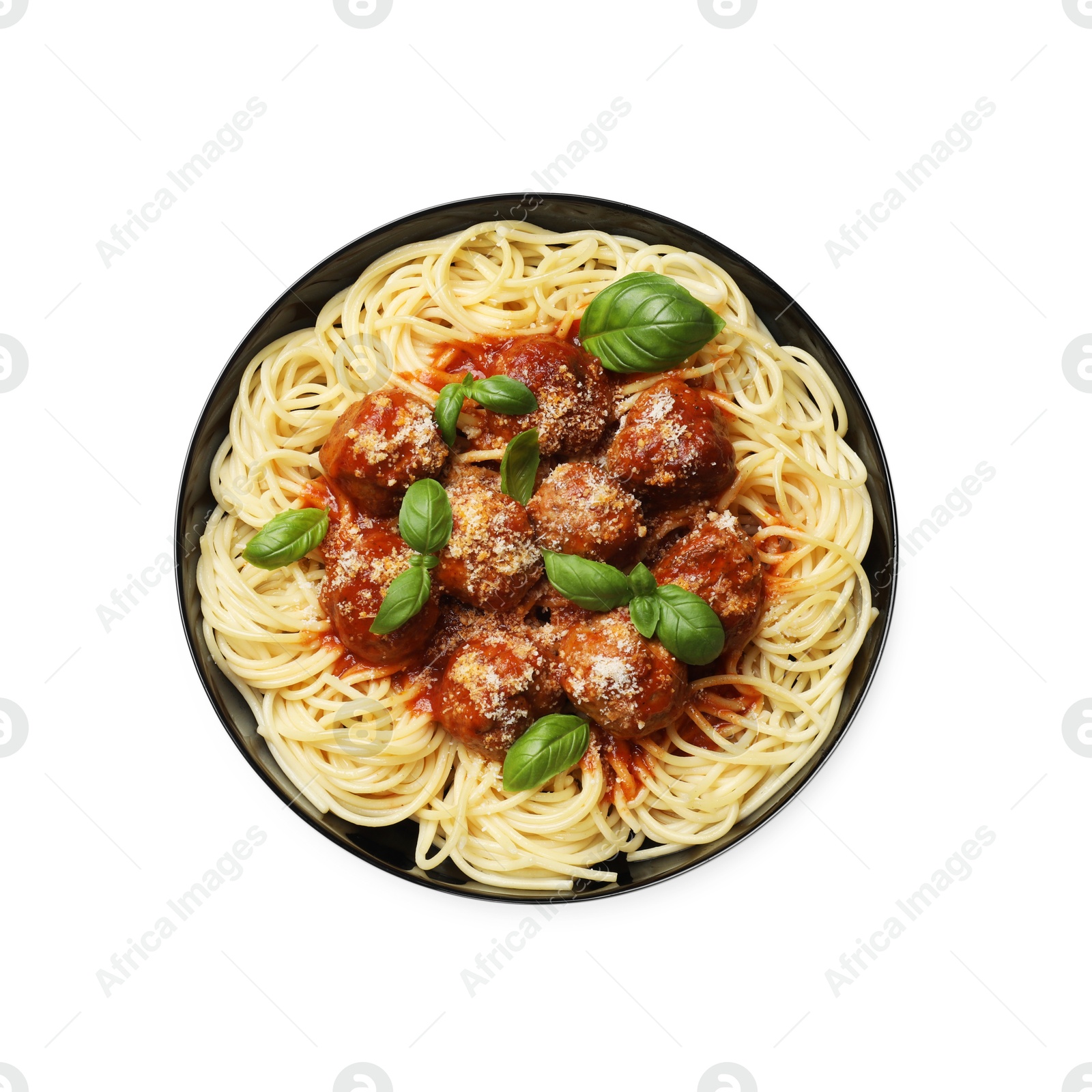 Photo of Delicious pasta with meatballs isolated on white, top view