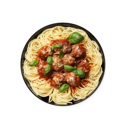 Delicious pasta with meatballs isolated on white, top view