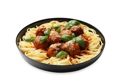 Delicious pasta with meatballs isolated on white