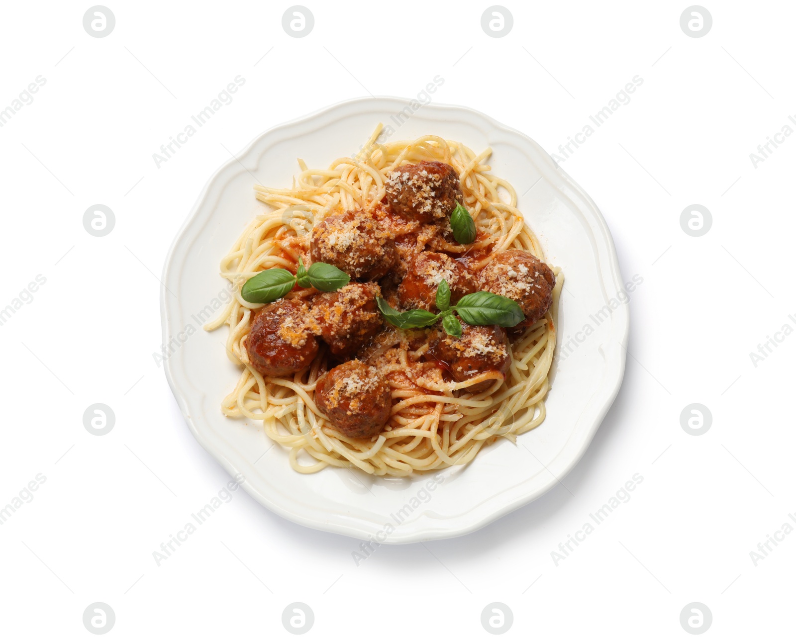 Photo of Delicious pasta with meatballs isolated on white, top view