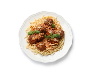 Delicious pasta with meatballs isolated on white, top view