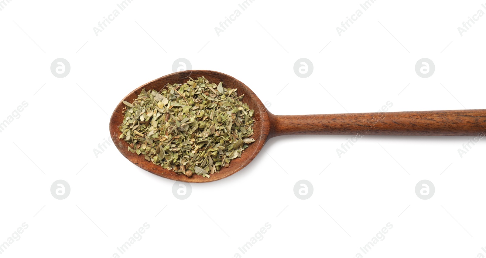 Photo of Dried oregano in spoon isolated on white, top view