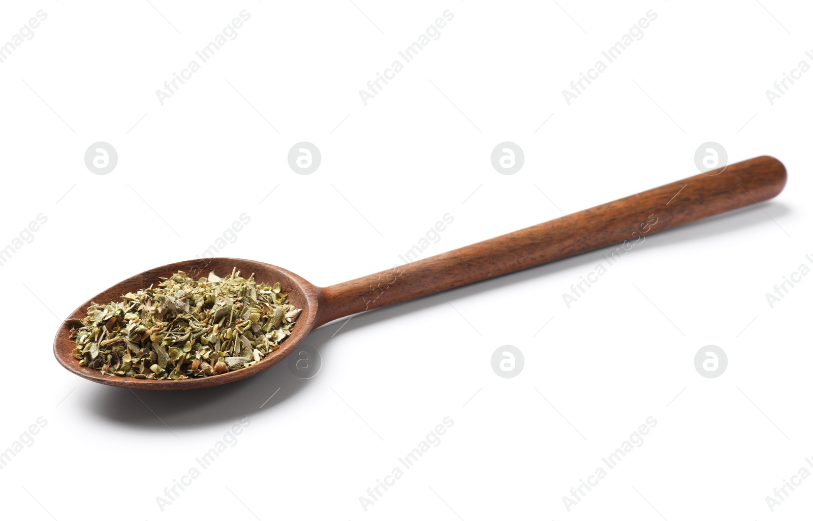 Photo of Dried oregano in spoon isolated on white