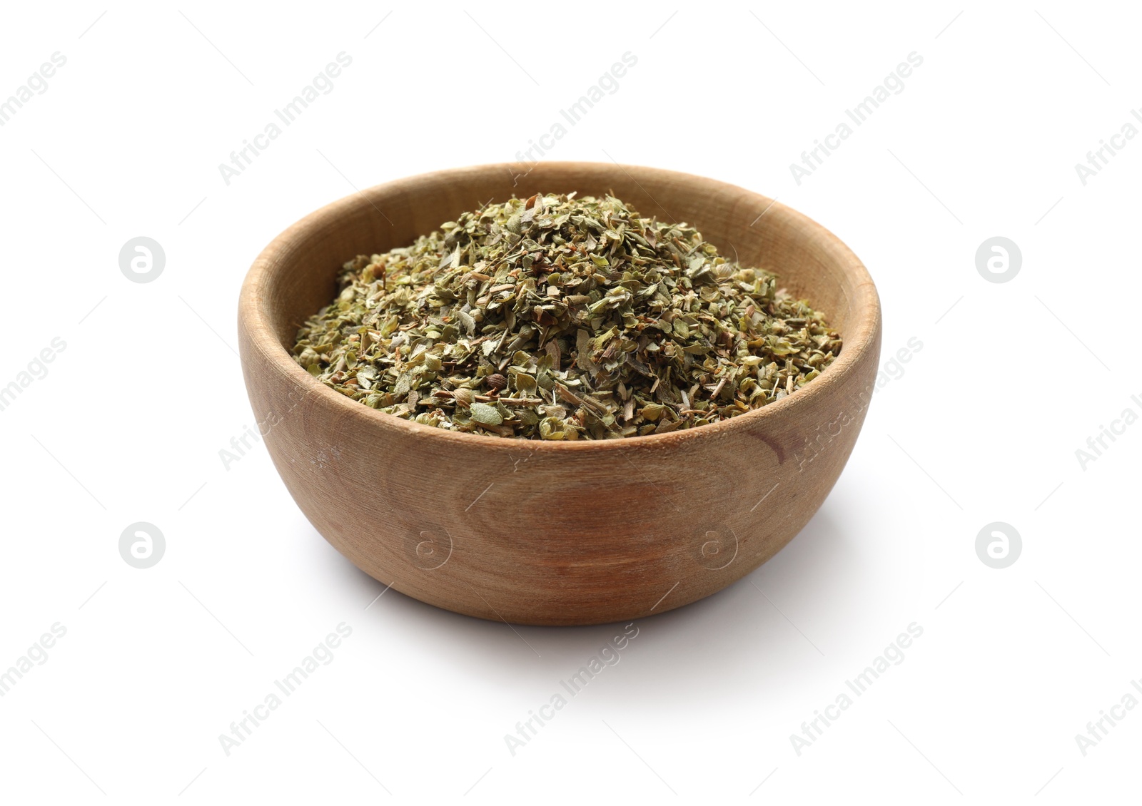 Photo of Dried oregano in bowl isolated on white